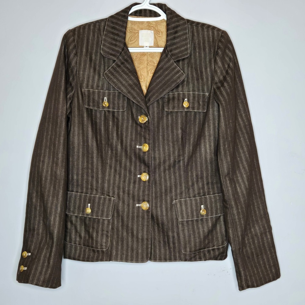 Anna Sui Striped Blazer Jacket y2k 90s Size 8 Brown Gold Buttons Military Style
